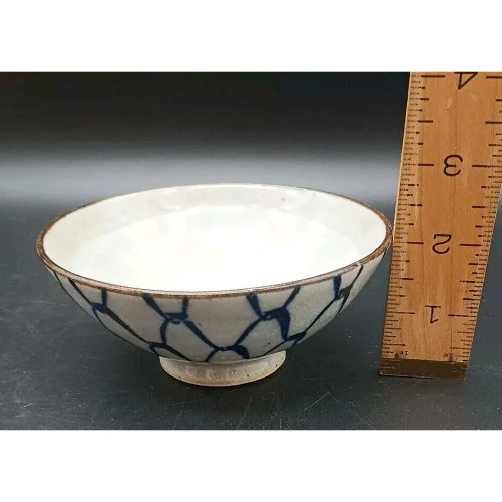 Vtg Footed Rice Bowl Blue Celedon Netted Design